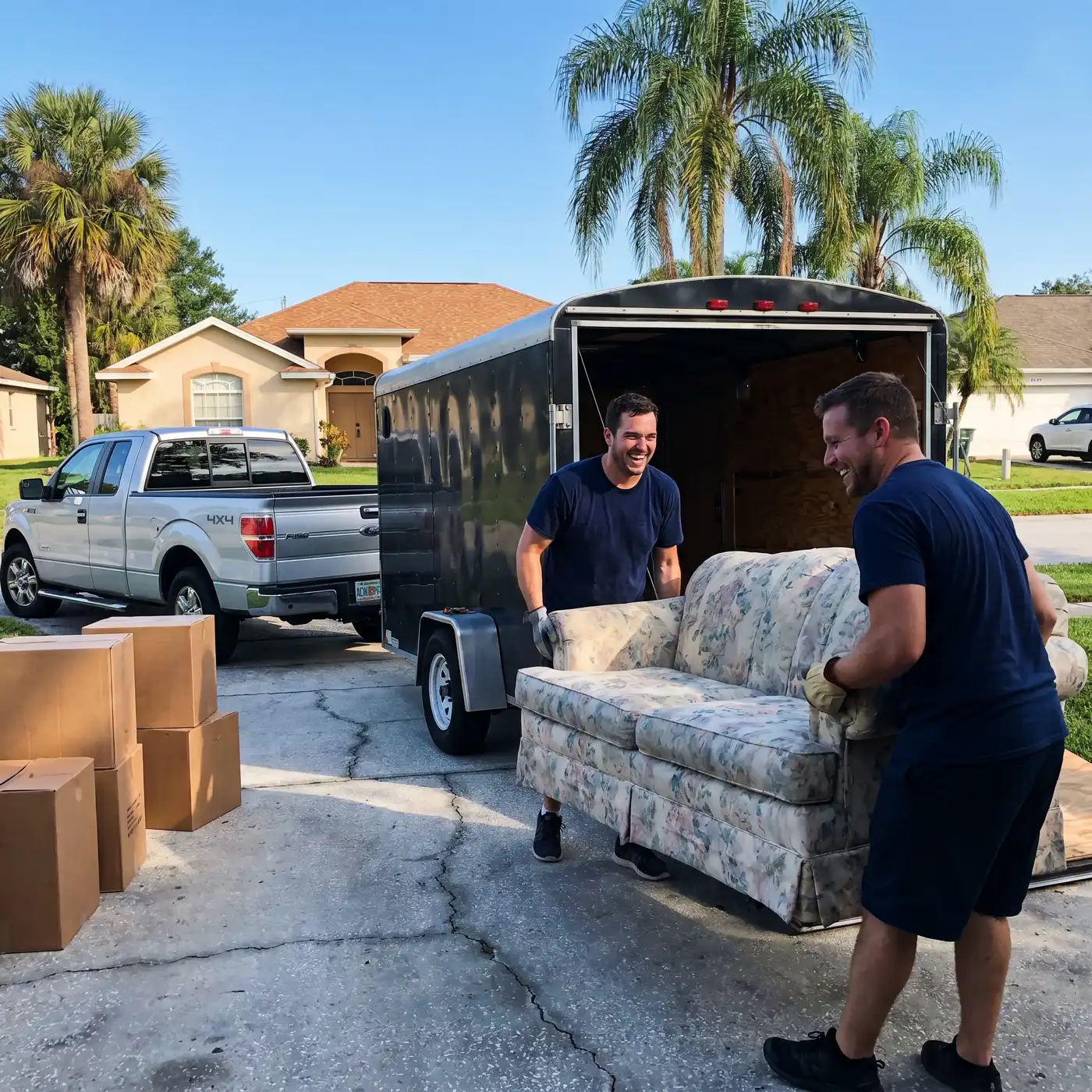 The Hauling Duo crew loading a couch into their black enclosed trailer behind a silver Ford F-150 in a South Florida neighborhood