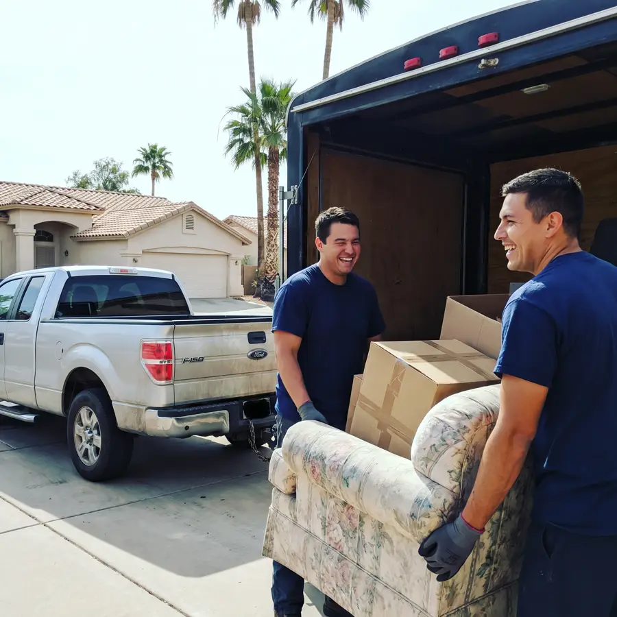 The crew loading an old couch into the black enclosed trailer