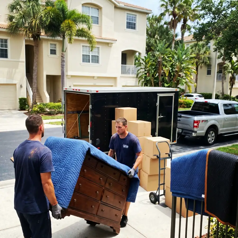 The Hauling Duo carrying a blanket-wrapped dresser to their enclosed trailer